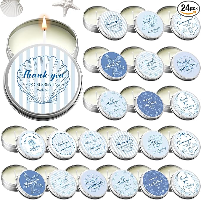Treela 24 Pcs Coastal Candles Favors Blue Bow Starfish Seashell Scented Candle Tins with Lids Coquette Ocean Gifts for Summer Beach Wedding Bridal Baby Shower Party Favors Decorations