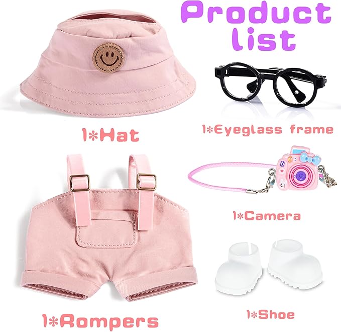 17cm Doll Clothes & Accessories Set Include: Hat, Overall, Shoes, Glasses and Bag- Cute Clothes for Dress up Unique Style (Doll Not Included), Pink