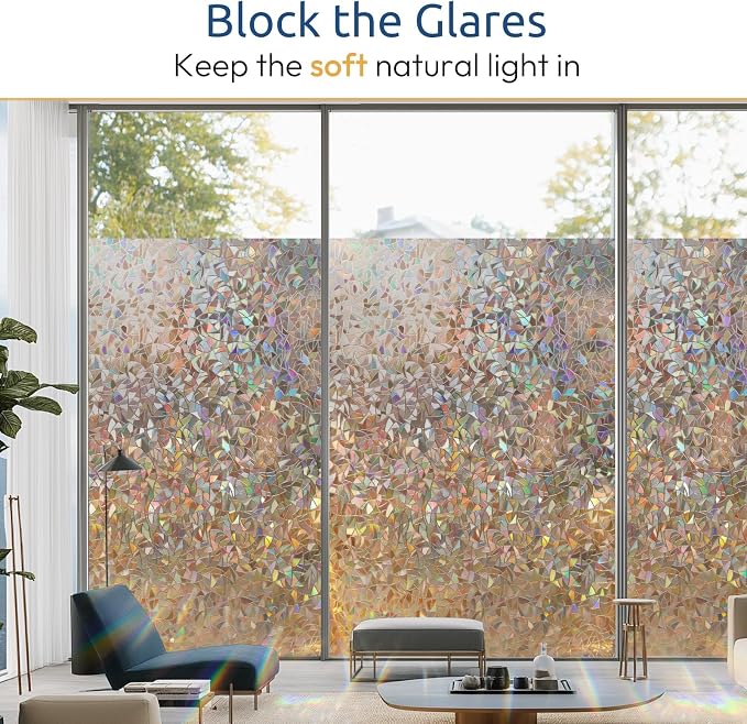 rabbitgoo Rainbow Window Privacy Film, Stained Cling, Brown, 17.5" x 118.1" | Decorative Static Sticker, Non-Adhesive Reusable Window Tint, Heat Control UV Blocking Coverings for Home Doors, Living Room