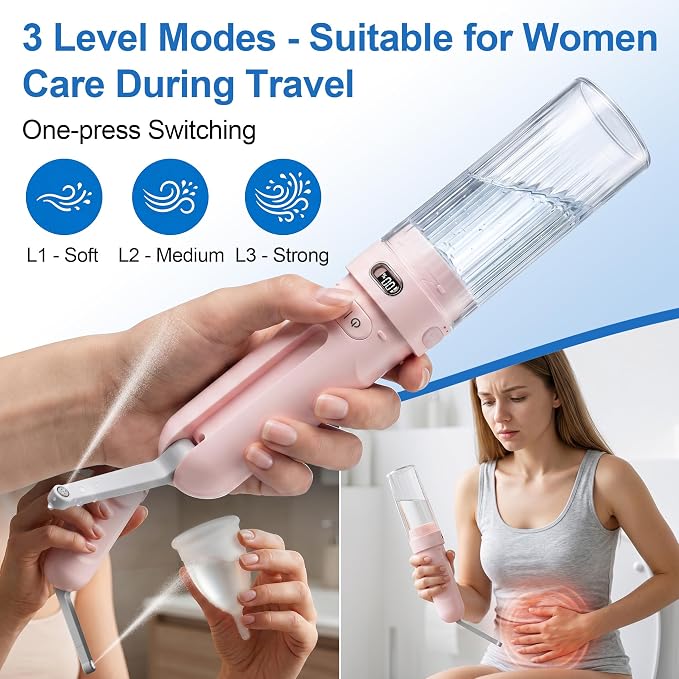 Electric Menstrual Cup Cleaner, Portable Bidet for Feminine Care | Women period essentials Fashionable pink, USB-C rechargeable, Adjustable pressure modes, IPX7 waterproof, Compact travel size