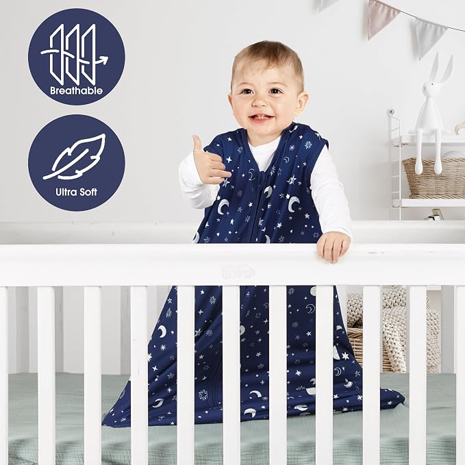 BSTOPPT 3 Pack Baby Sleep Sack 0-6 Months 100% Rayon Cotton Baby Sleeping Bag 2-Way Zipper Toddler Wearable Blankets Comfy Stretchy Lightweight TOG 0.3 （Purple&Clouds&Starry Sky）