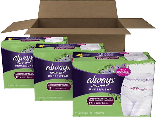 Always Discreet Incontinence & Postpartum Underwear for Women, Disposable, Maximum Absorbency, Large, 51 Count