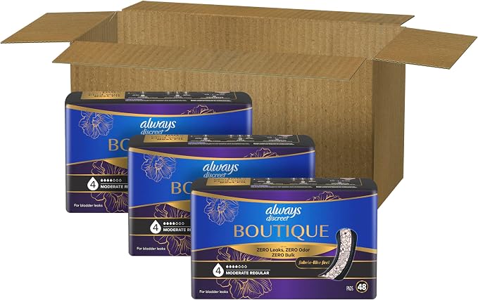 Always Discreet Boutique Incontinence Pads, for Bladder Leaks, Moderate Absorbency, Regular Length, 144 Count (3 Packs of 48)
