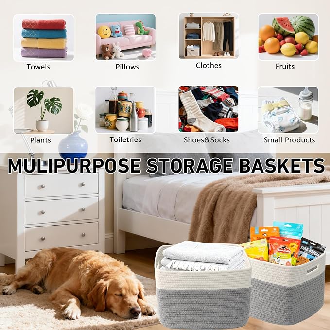 3 Pack Woven Baskets,Storage Baskets for Shelves with Handles | 13.5"×11"×9.5", Closet Baskets, Nursery Organizer for Toys Towels Books, Storage Bin for Living Room Bedroom (White & Grey)