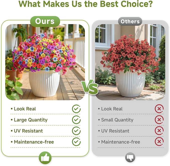 Alupssuc 24 Bundles Artificial Daisy Flowers UV Resistant for Outdoor Decor | Silk & Plastic, Spring Faux Plants Greenery, Bendable Stems, for Porch Patio Hanging Window Planter Yard Outside, 6 Colors