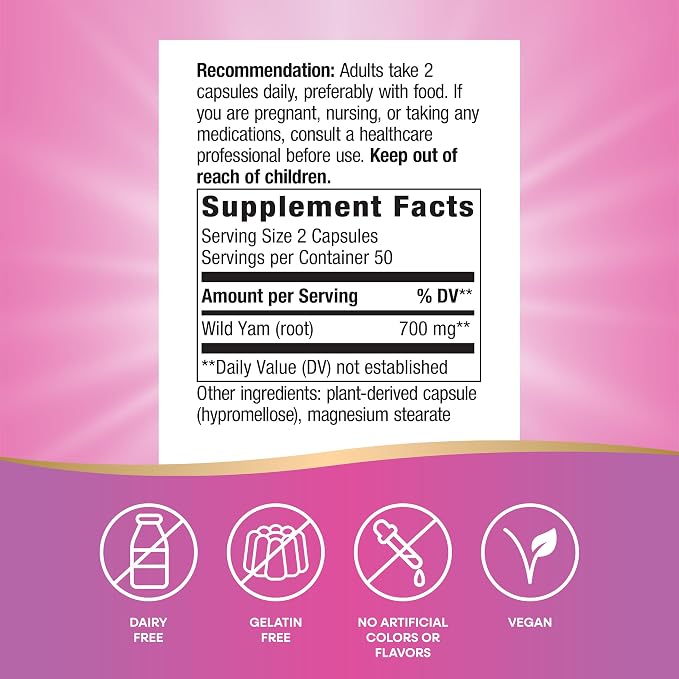 Nature's Way Wild Yam Root Capsules,Women's Traditional Health Support*,700 mg per 2-Capsule Serving,Non-GMO Project Verified,100 Vegan Capsules (Packaging May Vary),(Pack of 2)