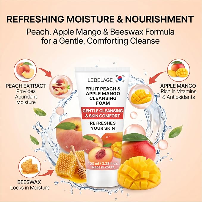 LEBELAGE Korean Peach&Apple&Mango Facial Cleanser 3.38 oz | Cleansing Foam Face Wash | Low pH Gentle Hydrating Daily Facial Cleanser Sensitive Skin | Deep Cleansing Foaming Cleanser, Pore Care