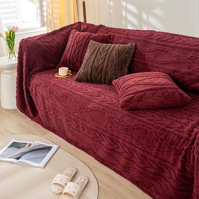 YUSOKI Sherpa Fleece Large Throw Blanket, Burgundy Red, 50"x65" | 3D Stylish Design,320GSM, Non-Shedding, Lightweight for All Season Use, stays fluffy after repeated washes, Perfect Gifts