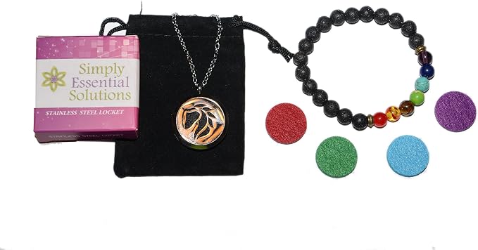 Aromatherapy Essential Oil Diffuser Stainless Steel 30MM Silver Magnetic Locket Pendant with 2 Sizes of Chain Necklace and Colored Refill Pads & Diffuser Bracelet in a Velvet Bag (Horsehead)