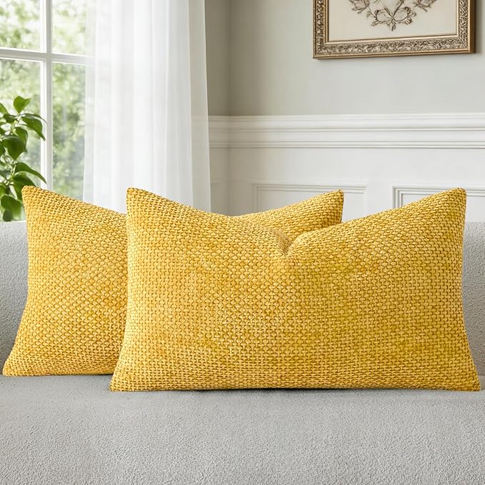 a moment Yellow Chenille Throw Pillow Covers 12x20 Inch Pack of 2 Modern Decorative Throw Pillow Covers Farmhouse Cross Covers Home Decor for Sofa Bedroom Living Room