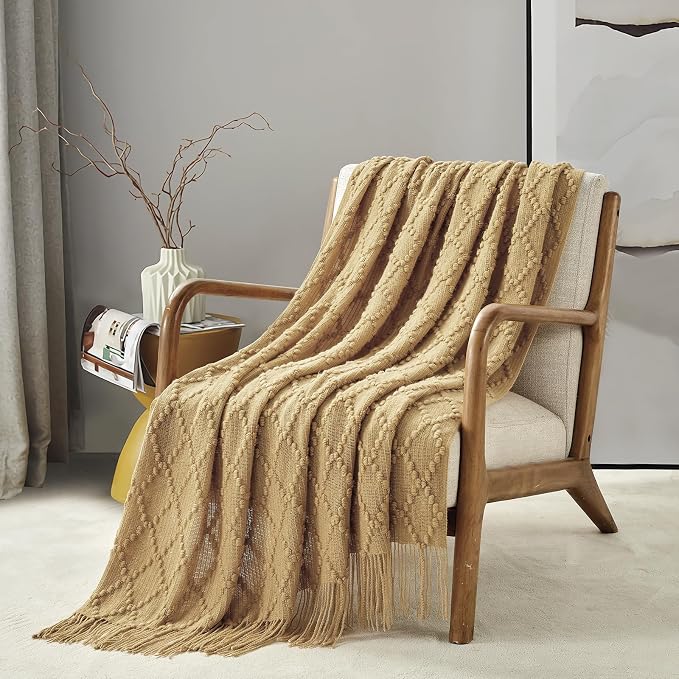 BOURINA Mustard Throw Blanket 50 x70 Inch Jacquard Throw Knitted Blanket | Jacquard Argyle Throw Textured Solid Soft Throws and Blankets for Sofa or Bed Knitted Decorative Blanket