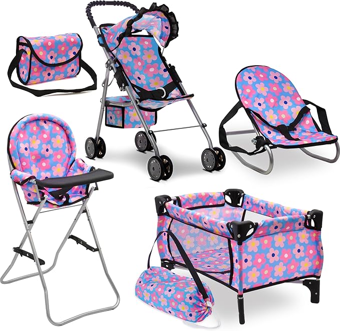 Baby Doll Stroller Bed and Seat Nursery Playset, Baby Doll Accessories Furniture Set High Chair Diaper Bag Role Play Deluxe Baby Doll Blue Set