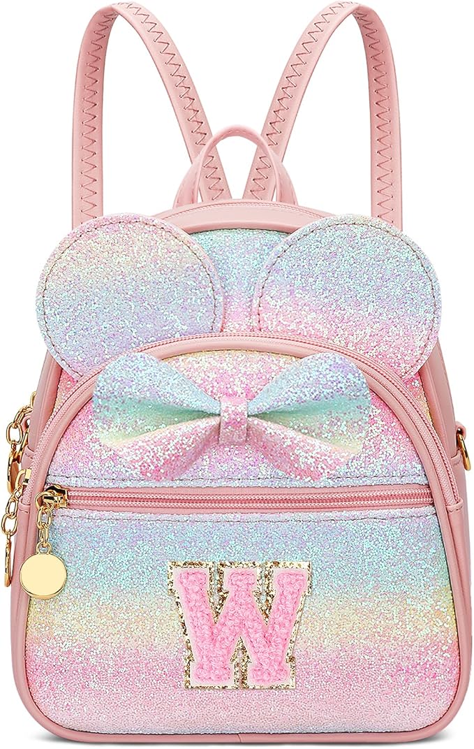 KKXIU Initial Bowknot Mini Backpacks for Girls Women, Small Cute Backpack Purse, Personalized Valentines Day Gifts for Toddler, Kids and Teen Girls(W, Rainbow)
