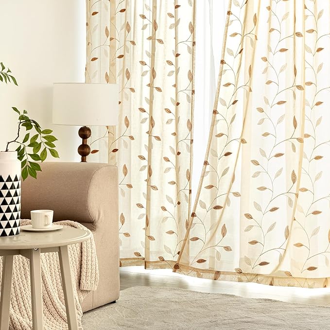 MIULEE Beige Sheer Curtains 2 Panels Embroidered Leaf Patterned Rod Pocket Floral Semi Sheer Faux Linen Window Curtains Drapes Set for Living Room Bedroom Dining Room, 52x84 Inches Long