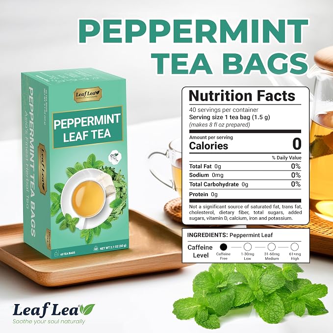 LeafLea Peppermint Tea Bags, Pure Peppermint Leaf Tea, 80 Count, 2-Pack | Real Mint Tea Bags With Smooth, Cooling Flavor, Caffeine-Free, Vegan, Individually Foil-Wrapped, Great To Share