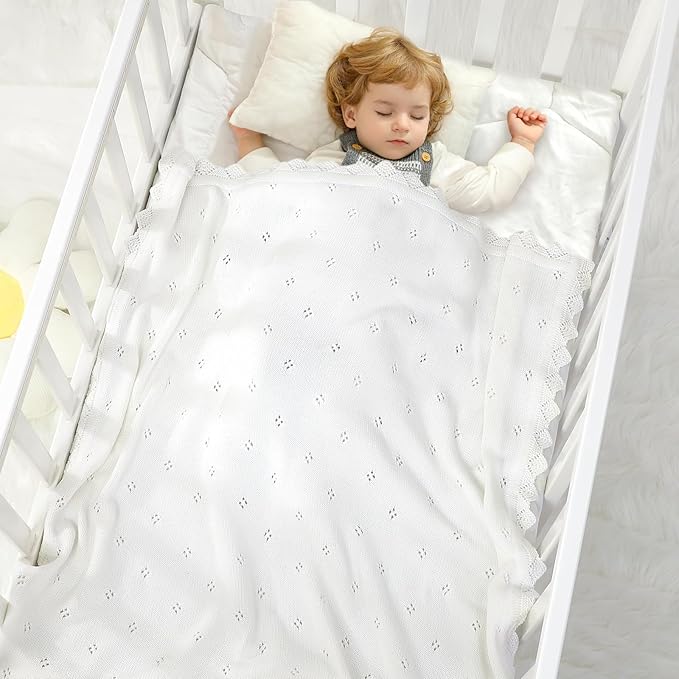 mimixiong Cotton Baby Blanket Knitted Crochet Receiving Crib Nursery Swaddling Blankets for Newborn Baby Boy Girl with The Bunny Rattle (Snow White)