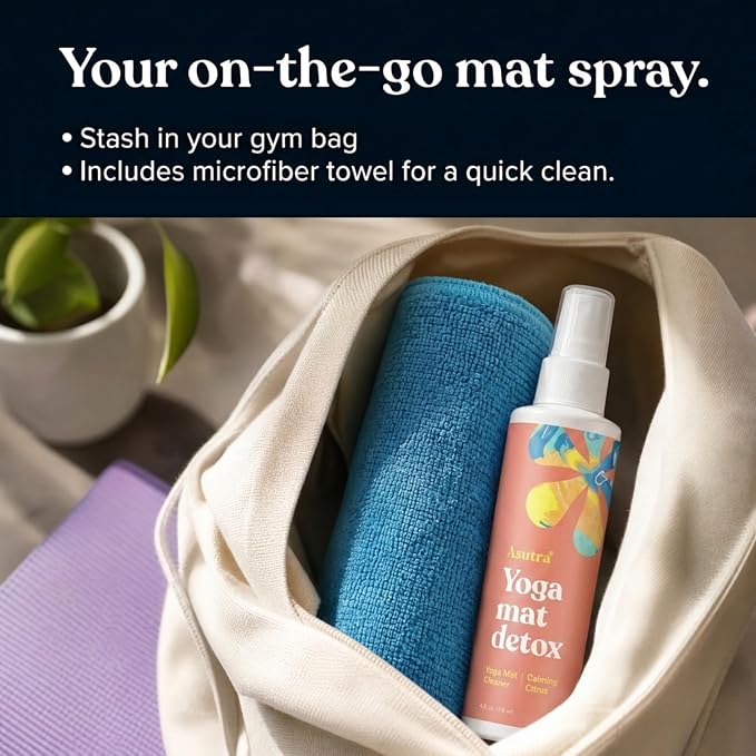 ASUTRA Yoga Mat Cleaner Spray (Calming Citrus), 4 fl oz - No Slippery Residue, Organic Essential Oils, Deep-Cleansing for Fitness Gear & Gym Equipment, Microfiber Towel Included