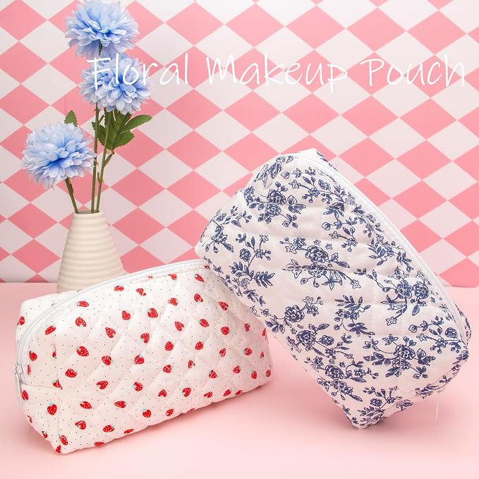 PAZIMIIK Small Quilted Makeup Bag,Zipper Cosmetic Pouch,Jouy Blue | Lightweight Cosmetic Bag Organizer for Women,Purse Storage Holds Makeup,Toiletries,Skincare,Beauty Essentials,Travel Items