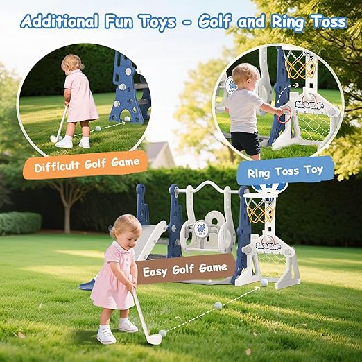 BIERUM Toddler Swing and Slide Set - 6 in 1 Baby Slide for Toddlers Age 1-2, with Basketball Hoop, Soccer and Golf Game, Indoor Outdoor Toddler Playset Blue