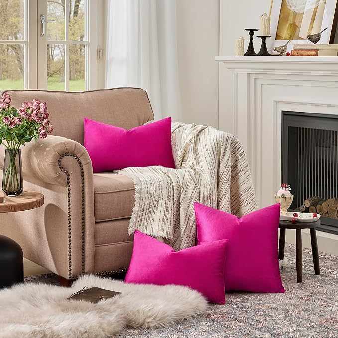 GIGIZAZA Hot Pink Velvet Pillow Covers 12x20 Decorative Pillows Pack of 2 | Lumbar Throw Pillows for Couch Sofa,280gsm Soft Textured Fabric,Modern Pillowcases,Luxury Cushion Covers