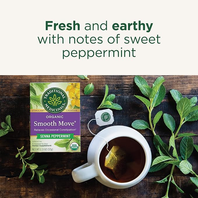 Traditional Medicinals Tea, Organic Smooth Move Peppermint, Relieves Occasional Constipation, Senna, 16 Tea Bags (Pack of 2)