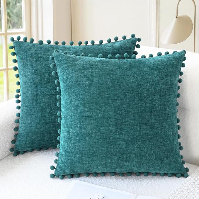 CaliTime Decorative Couch Throw Pillow Covers 22 X 22 Inches Teal | Pack of 2, Cozy Chenille Cushion Cases, with Pom Poms for Sofa Bed Living Room Farmhouse Home