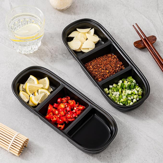 2PCS Ceramic Dishes, Ceramic Dish Stainless Steel Soy Tomato Sauce Salt Vinegar Sugar Spices Flavor Condiment Dip Bowls Korean BBQ Home Kitchen Plates (3 Grids Black)