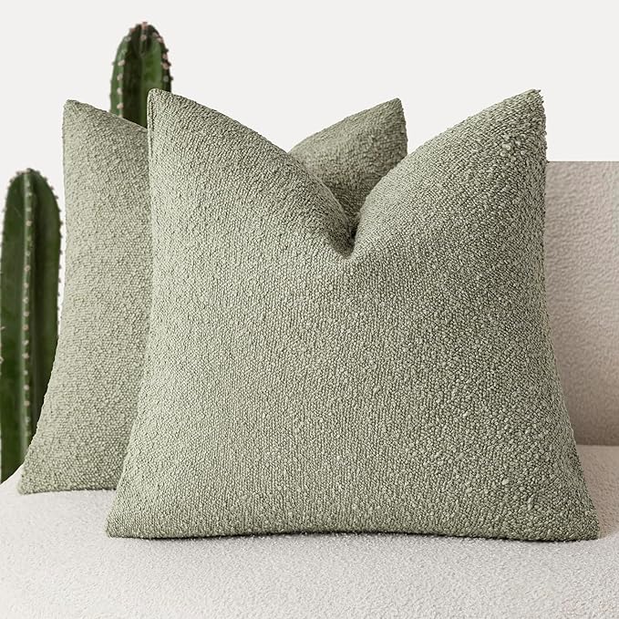 Foindtower Pack of 2 Textured Boucle Throw Pillow Covers Accent Solid Pillow Cases Cozy Soft Decorative Couch Cushion Case for Chair Sofa Bedroom Living Room Home Decor 18x18 Inch Dirty Sage Green