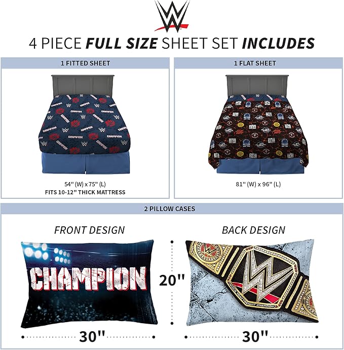 Franco NB1848 Kids Bedding Soft Microfiber Sheet Set, 4 Piece Full Size, WWE Super Stars