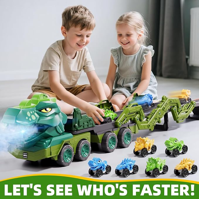 IHAHA 10 in 1 Dinosaur Truck Toys with 9 Dino Cars for Kids 3-5 Years, Dino Carrier Truck with Foldable Track, Spray, Light & Sounds, Birthday Gifts for Toddlers Boys Girls 3 4 5 6 7 8 Years Old