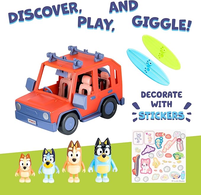 Bluey Heeler 4WD Family Toddler Toy Car with 4 Figures, Surfboards and Sticker Sheet, Pretend Play, Toys for Kids Ages 3+, Amazon Exclusive