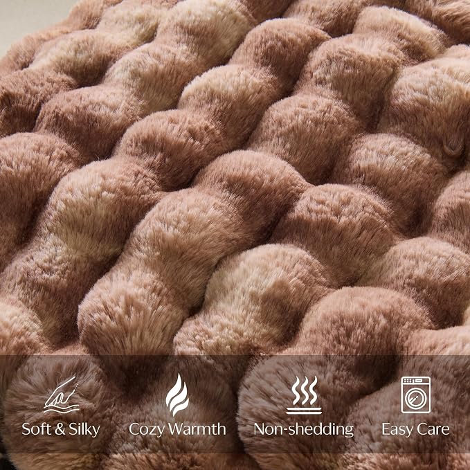 DOWNCOOL Faux Fur Throw Blanket for Couch, Soft Fluffy Fuzzy Plush Bubble Blanket for Sofa Bedroom Living Room, Cozy Warm Luxury Fleece Minky Blanket, 50x60 Inches Tie-dye Brown