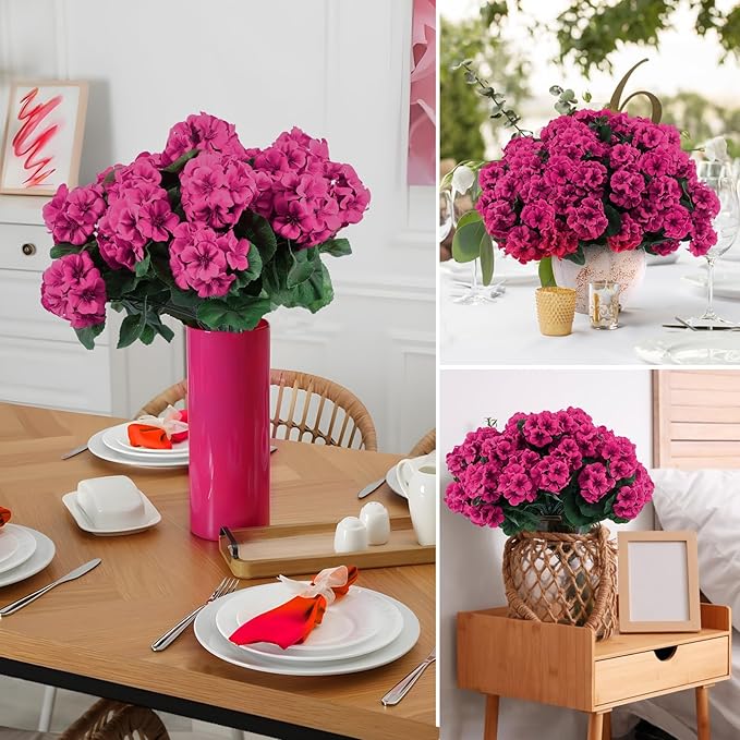 Hananona 12 Pcs Artificial Geranium Flowers for Outdoors Geranium Silk Flowers Outdoor UV Resistant Garden Plants Faux Flowers for Home Kitchen Table Centerpieces Decor (12, Rose Red)