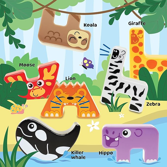 Montessori Puzzle N’ Stack Animals Toys, Kids Stacking Building Animal Blocks Toy for Toddler Preschool, Fun Educational Stacker Gifts for 12 18 24 36 Months, 1 2 3 4 Year Old