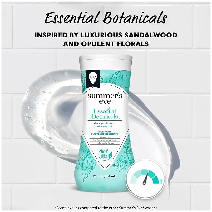 Summer's Eve Essential Botanicals All-Over Daily Feminine Wash with Argan Oil, Gentle pH-Balanced Body Wash for Women, Removes Vaginal Odor and Refreshes, 12 Fl Oz