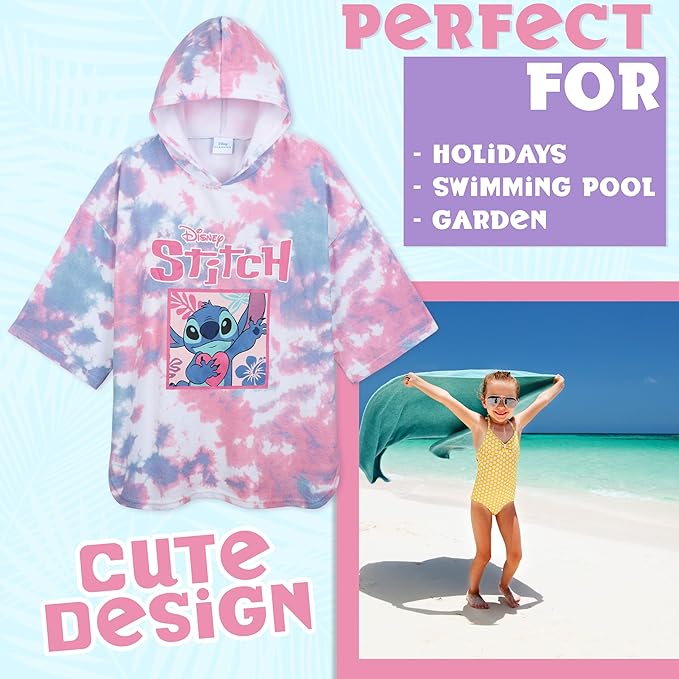 Disney Stitch Bath Towel with Hood for Kids Teenagers Absorbent Cozy Poncho Hooded Beach Towel Wrap for Beach Pool Swimming Bath Vacation Essentials (Pink/Blue Stitch, 10-13 Years)