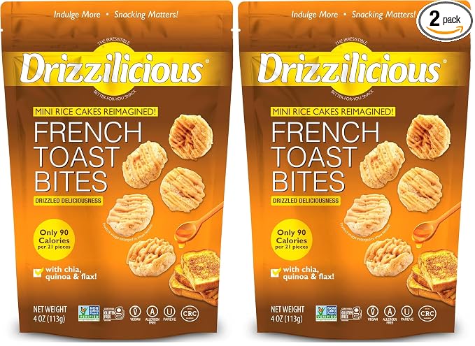 Drizzilicious Mini Rice Cakes French Toast - Rice Crisps, Healthy Snack for Adults and Kids, Flavored Rice Cakes, Vegan, Gluten Free, Allergen Free, Only 90 Calories Per Serving - 4 oz (Pack of 2)