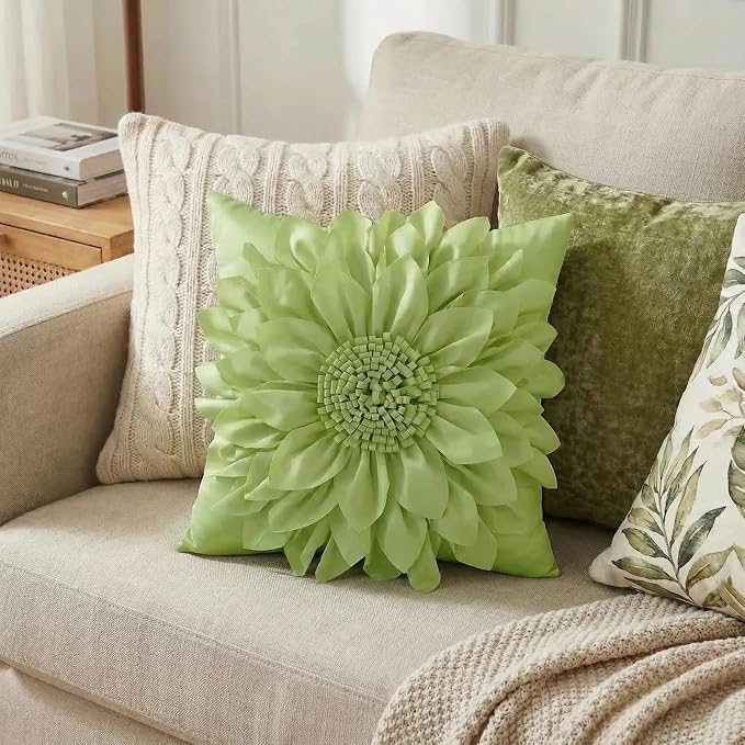 Sage Green Accent Flower Decorative Throw Pillow Covers for Bed Sofa Couch | Bella's Giftshop Handmade Sunflower Taffeta Pillow Cases Living Room Bedroom Decor, 18x18 Inch