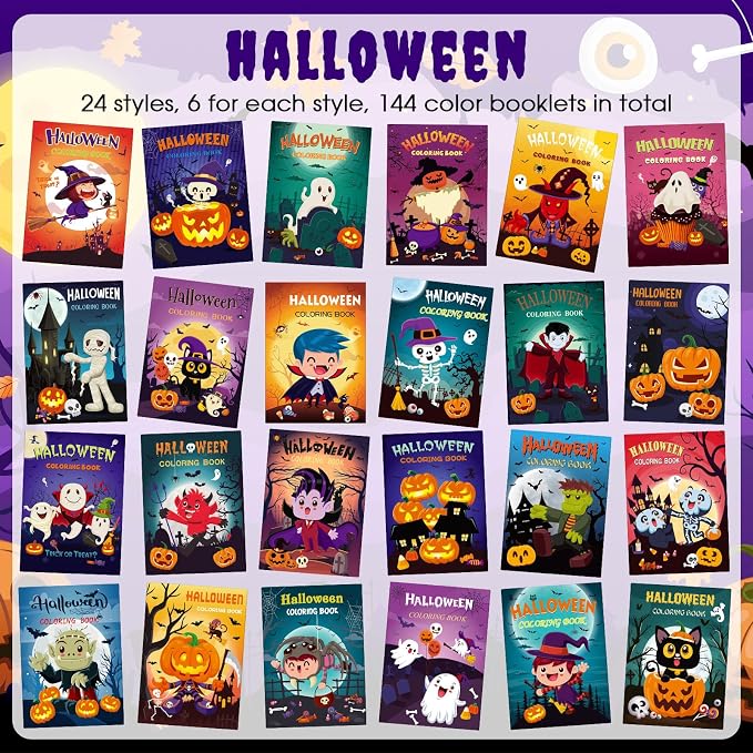 Liliful 144 Pcs Halloween Coloring Book Bulk for DIY Art Stress Relief Drawing Book with Ghost Pumpkin Patterns for Adults, Halloween Party Favors, Goodie Bag Filler and Holiday Gifts