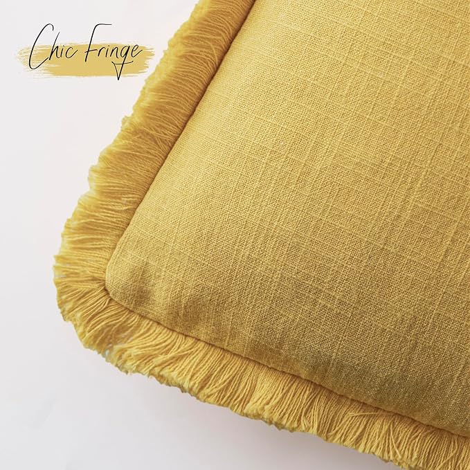 Foindtower Set of 2 Decorative Linen Fringe Lumbar Throw Pillow Covers Boho Farmhouse Cushion Cover with Tassels Soft Accent Pillowcase for Couch Sofa Living Room Home Decor,12×20 Inch,Ginger Yellow