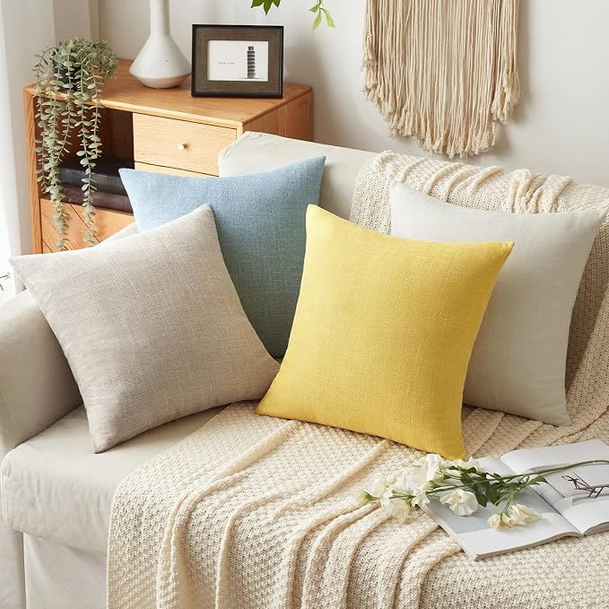 MIULEE Pack of 2 Linen Textured Pillow Covers, 18x18 Inch Yellow | Decorative Burlap Throw Pillowcases, Boho Farmhouse Accent Home Decor for Sofa Couch Bedroom Living Room