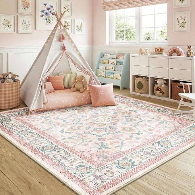 CAPALOCA Square 8ft Washable Nursery Girls Low Pile Area Rug Pink Teal | Non-Slip Soft Rugs for Bedroom Kids Playroom Living Room, Print Pattern Water Repellent Carpet Indoor Decor