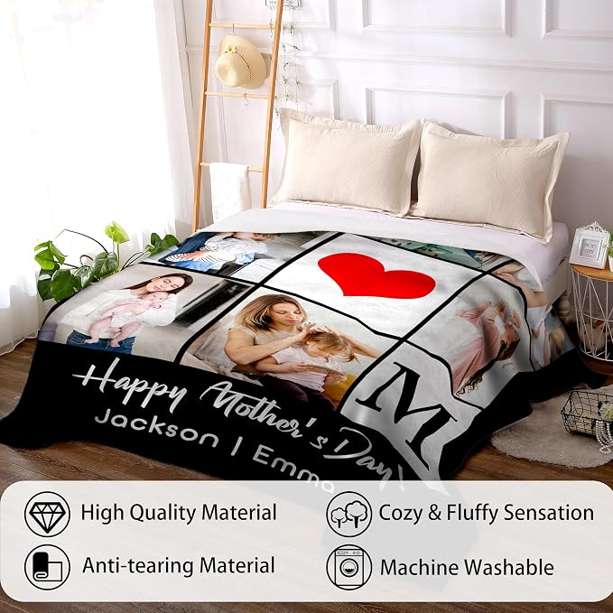 Personalized Mothers Day Birthday Gifts for Mom from Daughter Son Kids Husband Custom Blanket with Picture Mother's Day Blankets Customized Valentines Memorial Christmas Anniversary Mom's Gifts