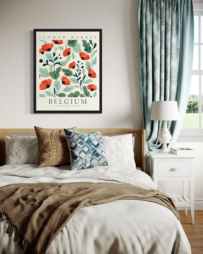 Belgium, Red Poppy Art Print Poster, Flower Market Wall Art, Floral Artwork Decor for Bedroom, Kitchen, Bathroom, Livingroom Decoration 52 (Belgium, Red Poppy, 10"L x 8"W, Black Frame)