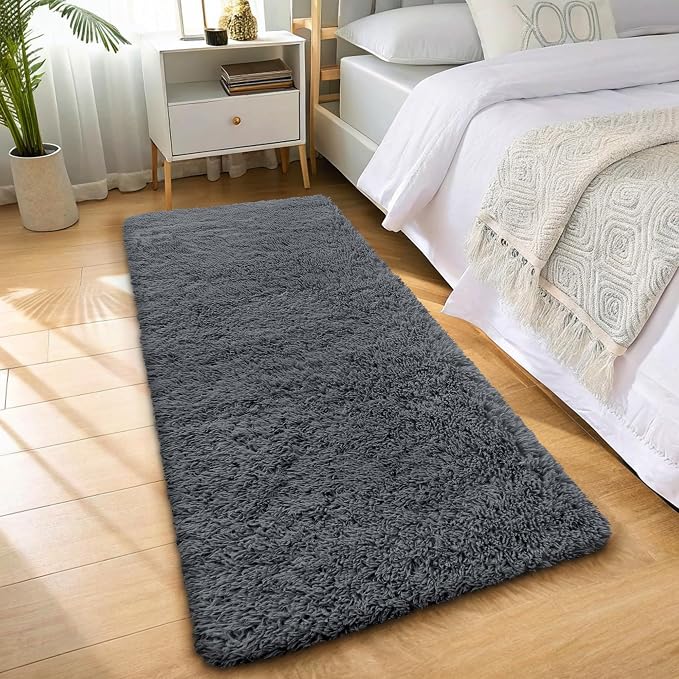 OLANLY 2x9 Machine Washable Runner Rugs for Hallway, Soft Fluffy Shaggy Bedside Rugs for Bedroom, Living Room, Indoor Floor Carpet for Kids Girls and Boys, Nursery Rooms, Home Decor Aesthetic, Grey