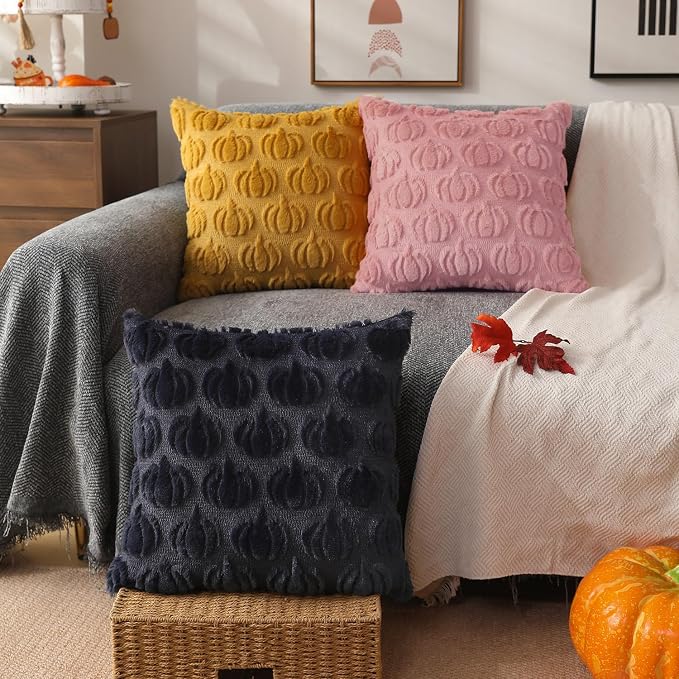 DFXSZ Fall Pillow Covers 18x18 2Pcs Pink Pumpkin Fall Decorations for Home | Fall decor Set of 2 Throw Pillow Cases Soft Plush Faux Fur Wool Couch Cushion for Chair Sofa Bedroom Living Room Home Decor