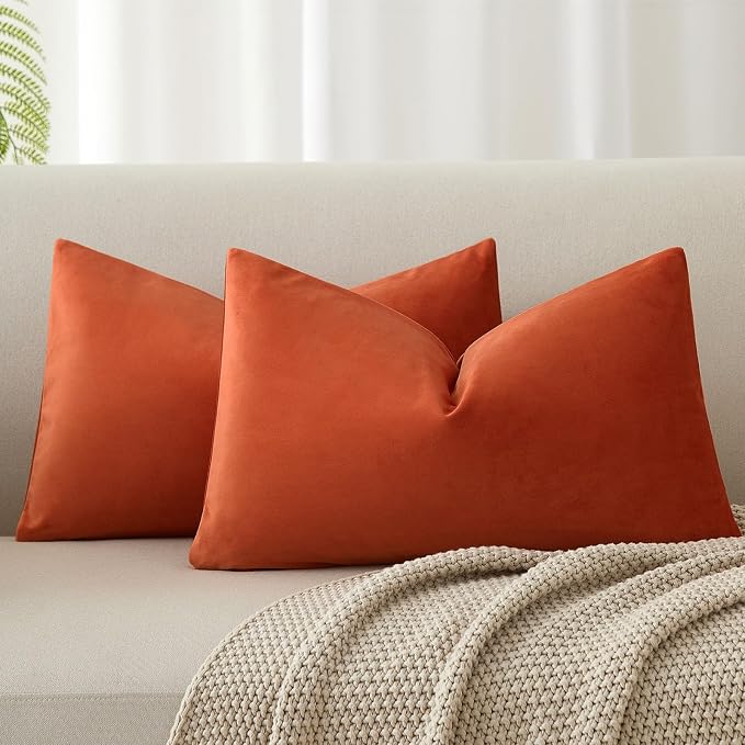12x20 Lumbar Throw Pillow Covers Set of 2 for Couch Bed Sofa,Burnt Orange | Decorative Soft Velvet Cushion Covers with Invisible Zipper for Living Room Bedroom Home Decor Halloween