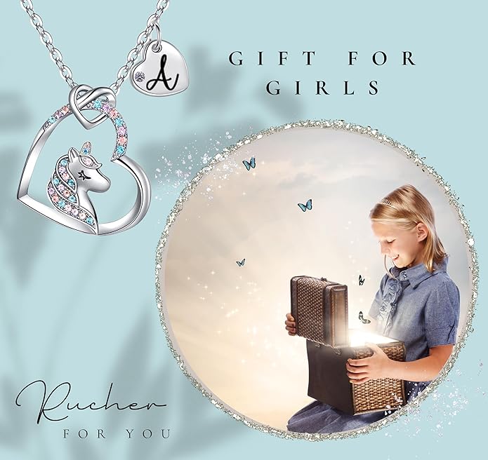 Valentines Day Gifts for Kids Girls - Unicorn Necklace for Girls with Initial Heart Pendant & Gift Box, 18K Gold Fashion Kids Jewelry, Colorful Heart Necklace for Birthdays & Costume Parties.