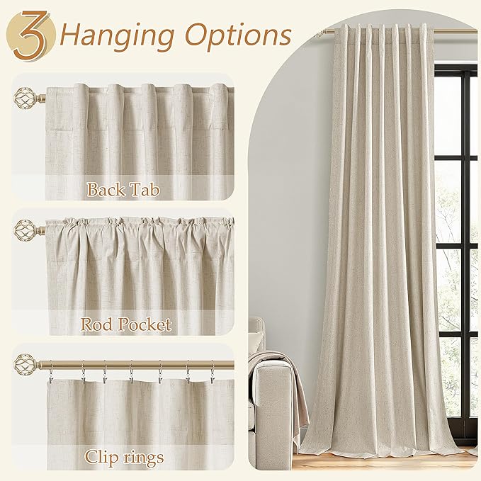 Guken Extra Long 100% Blackout Linen Curtains for Bedroom 120 inches Long, Thermal Insulated Room Darkening Black Out Drapes for Living Room, Back Tab Rod Pocket 2 Panels Set,Taupe Burlywood,52x120