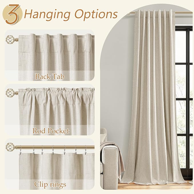 Guken Extra Long 100% Blackout Linen Curtains for Bedroom 108 inches Long, Thermal Insulated Room Darkening Black Out Drapes for Living Room, Back Tab Rod Pocket 2 Panels Set,Taupe Burlywood,52x108